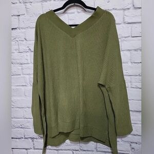 NWT ANRABESS WAFFLE KNIT V NECK SWEATER V Neck Back‎ Olive Green 3/4 Sleeve
